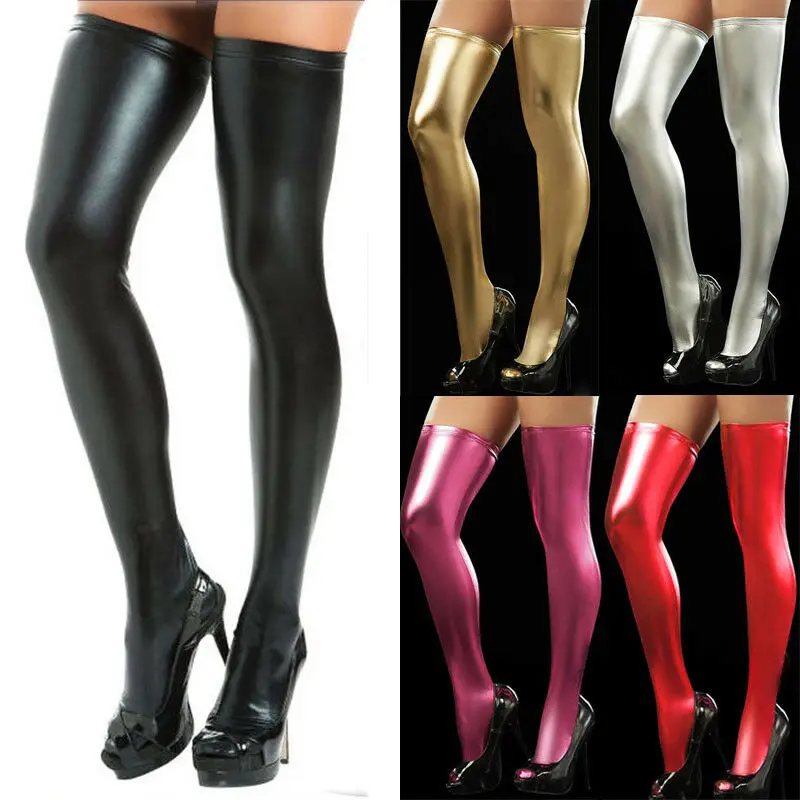 Модные женские чулки из искусственной кожи, Гольфы выше колена, длинные высокие ботинки, черные, красные, серебристые, золотые сексуальные чулки