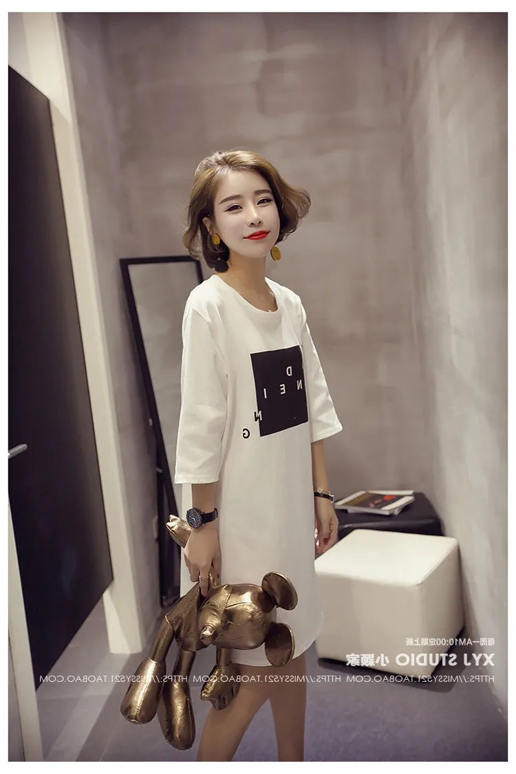 

New Products 2019 Summer Korean-style Loose-Fit Mid-length Short Sleeve Slit Dress Student T-shirt Blouses