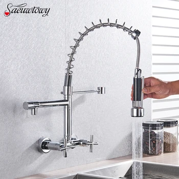

Wall-Mounted Spring Basin Kitchen Faucet Pull-Down Hot And Cold Kitchen Sink Mixer Selection Kitchen Tap Sink Mixer Chrome style