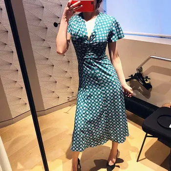 

Women Dress 2019 Spring and Summer New Pleated Contrast Bat Sleeve V-neck High Waist Printed Short-sleeved Dress
