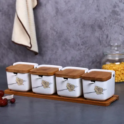 Корейский стиль сахарница домашний кухонный набор керамика соль приправа горшок банки деревянная рама - Цвет: 4 pcs design 3