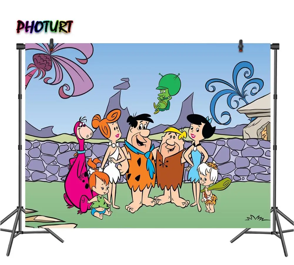 Photurt Flintstones Green Garden Photography Fondali Bambini Festa Di Compleanno Sfondo Flower Stone Vinyl Photo Studio Puntelli