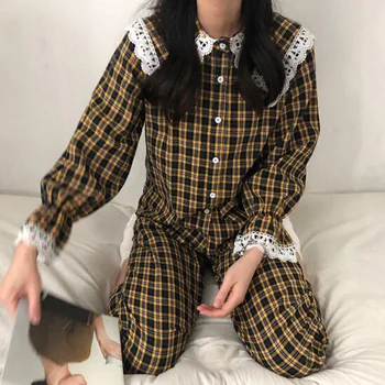 

Ladies Preppy Style Plaid Sleepwear Sailor Collar Spliced Lace Pijama Vintage Elegant Sleep Tops+Trousers Home Suit Casual S994