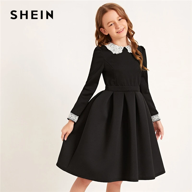 

SHEIN Kiddie Black Peter Pan Collar Applique Cute Pleated Dress Kids 2020 Spring Long Sleeve Lace Fit And Flared Midi Dresses