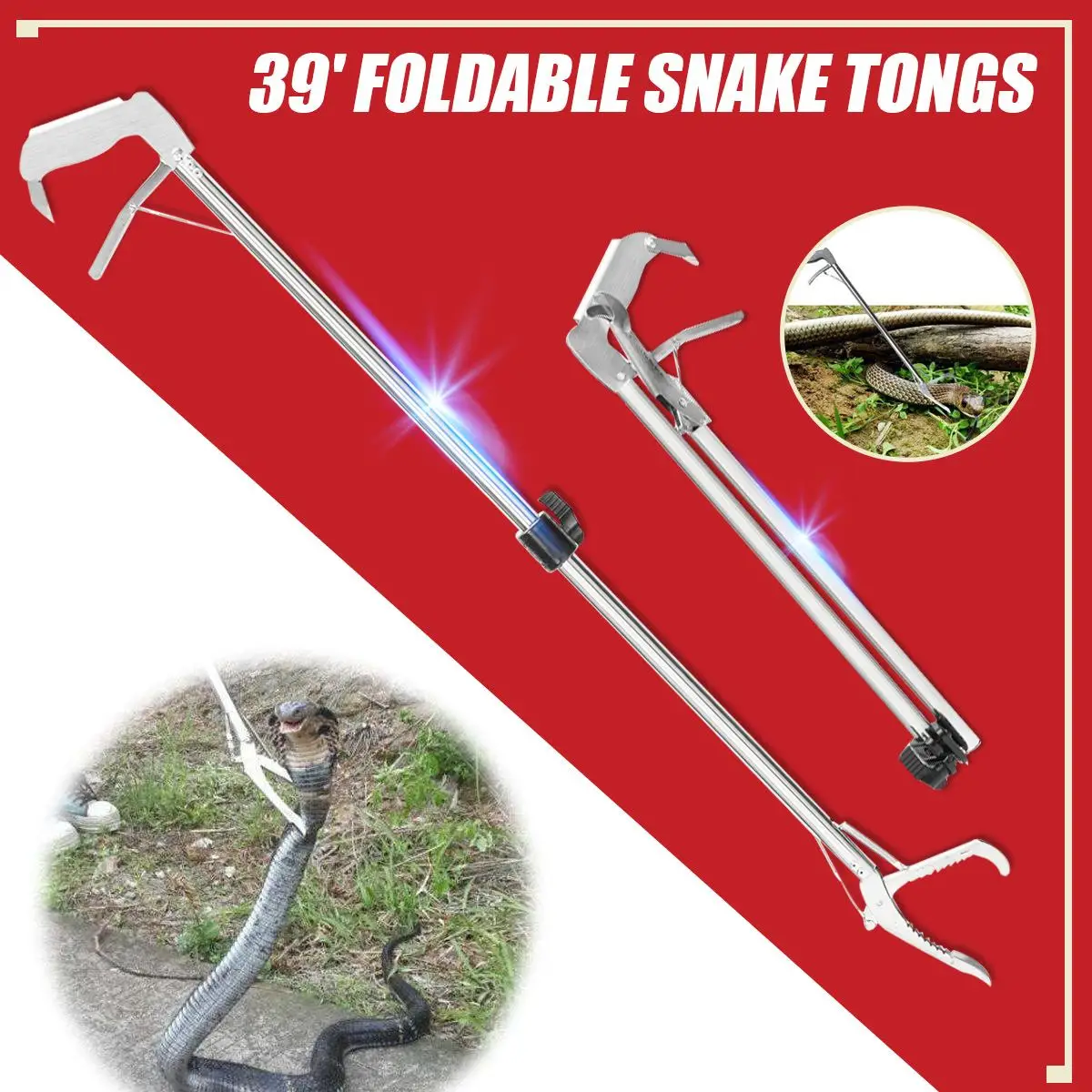 

39"/47" Reptile Snake Tongs Stick Self-locking Tool Foldable Snake Catcher Clamp Grabber Wide Jaw Tool Heavy Duty Pest Products