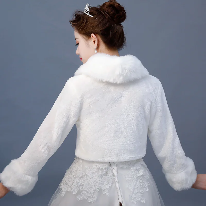 Накидка из искусственного меха с длинным рукавом, шаль для женщин, зимнее теплое пальто, белая накидка из искусственного меха для подружек невесты, свадебное болеро, куртка