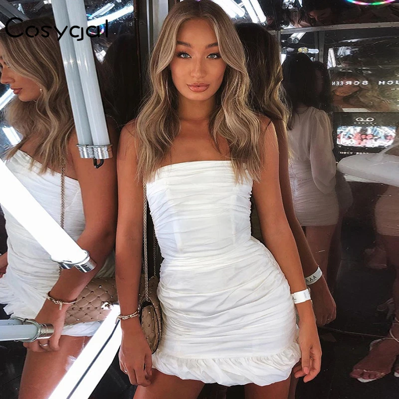 

COSYGAL 2019 Autumn Strapless Ruffles White Dress Pleated Fashion Bodycon Sexy Dresses Women Nightclub Party Dresses Vestidos