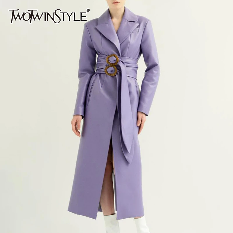 TWOTWINSTYLE элегантное из искусственной кожи Женское пальто зубчатый длинный рукав