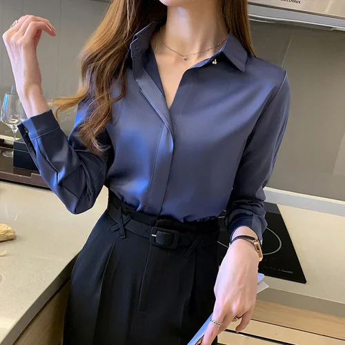 Silk Women's Shirt Long Sleeve Fashion Woman Blouses 2022 Satin Top Female Shirts and Blouse Basic Ladies Tops OL Women Clothing Blue