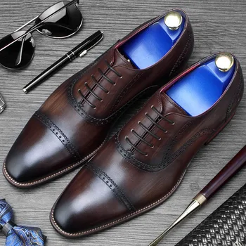 

2019 New Men's Formal Dress Shoes Fashion Genuine Leather Handmade Oxford Shoe Wedding Office Footwear Patina Zapatos