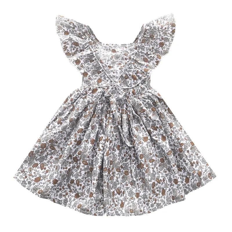 1-3Y Toddler Kids Baby Girl Ruffle Sleeve Grey Floral Dress Summer Cotton Princess Romper Dresses Sundress Infant Clothes | Детская