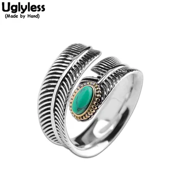 

Uglyless Exotic Indian Style Feather Rings for Women Turquoise Adjustable Open Rings Real 925 Sterling Silver Fine Jewelry R1043