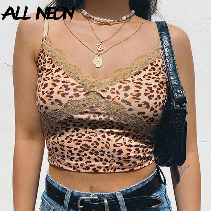 ALLNeon E-girl леопардовый кружевной топ с перекрестной шнуровкой спереди Модный