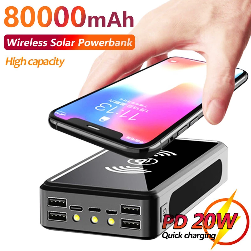 Wireless Solar 80000mAh Power Bank Portable Charger Four USB Large Capacity LED Lighting Power Bank Wireless Charging for Xiaomi anker powercore 20000