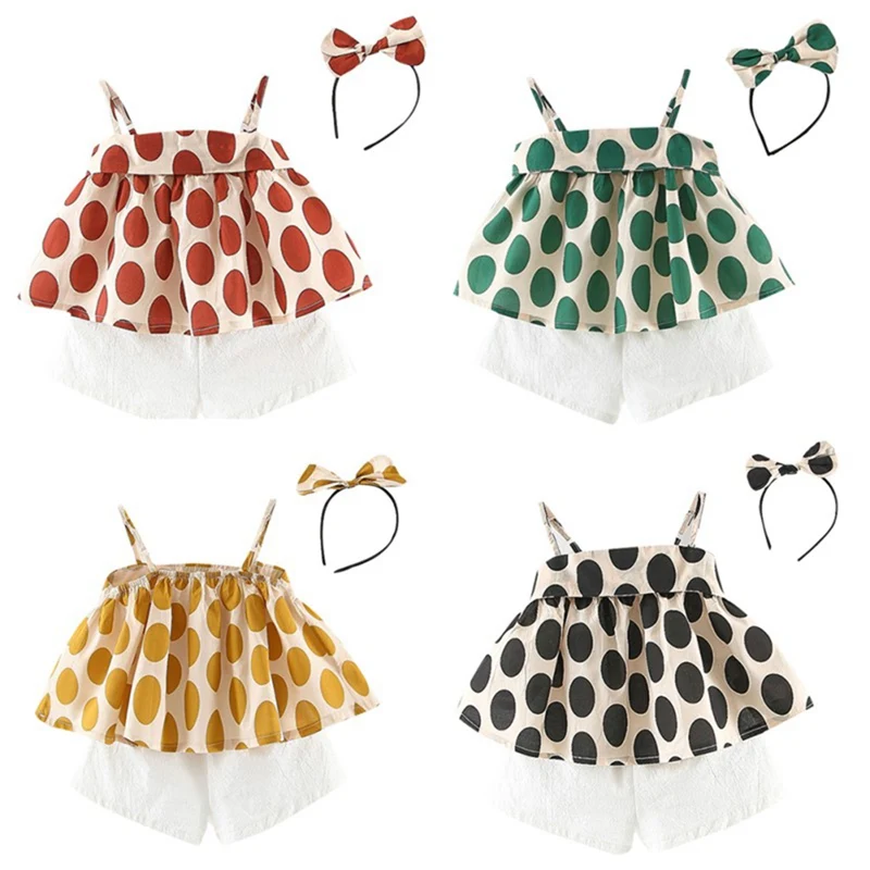 

Baby Girl Clothes With Headband Summer Baby Girls Casual Sleeveless Polka Dot Print Strap T-shirt Tops+Shorts Suits Costume Set