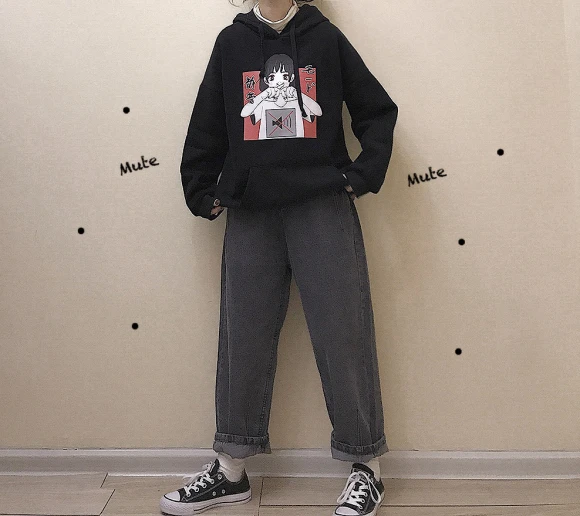 Аниме принт толстовка женская Kawaii Толстовка Harajuku одежда пуловер с капюшоном корейского размера плюс тонкая Повседневная Уличная одежда Топ V562