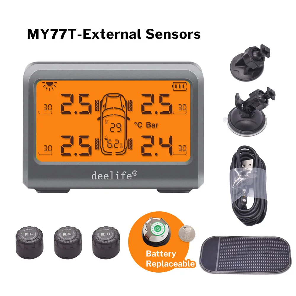 Deelife Car TPMS Solar Tire Pressure Monitoring System For 4 Wheel Alarm Warning With 0-8 Bar Tyre Tpms 4 Sensors rear view mirror reverse camera Car Monitors