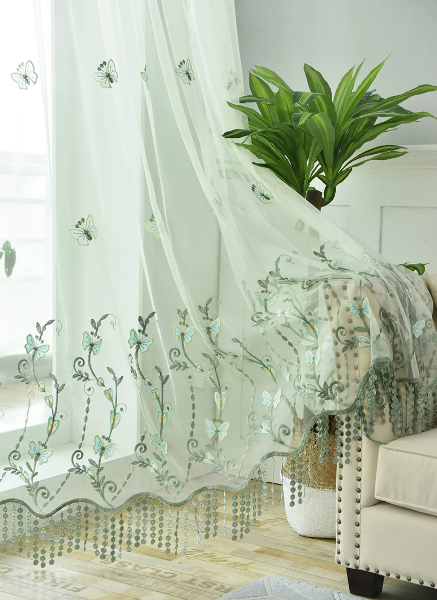 Американский кантри штора синель романтическая Зеленая бабочка вышивка тиснением для окна Тюлевая занавеска для спальни на заказ M195#30