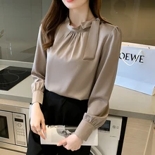 

Fashion 2022 Bow Stand Collar Elegant Satin Blouses Women Spring Summer Long Sleeve Office Lady Shirt Solid Tops Female