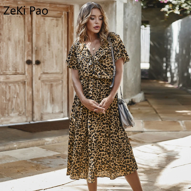 

Summer Fashion Casual Women's Leopard Print Ruffle Collar Dress Ruffle Sleeve Elastic Waist Mid-length Beach Wind Dress