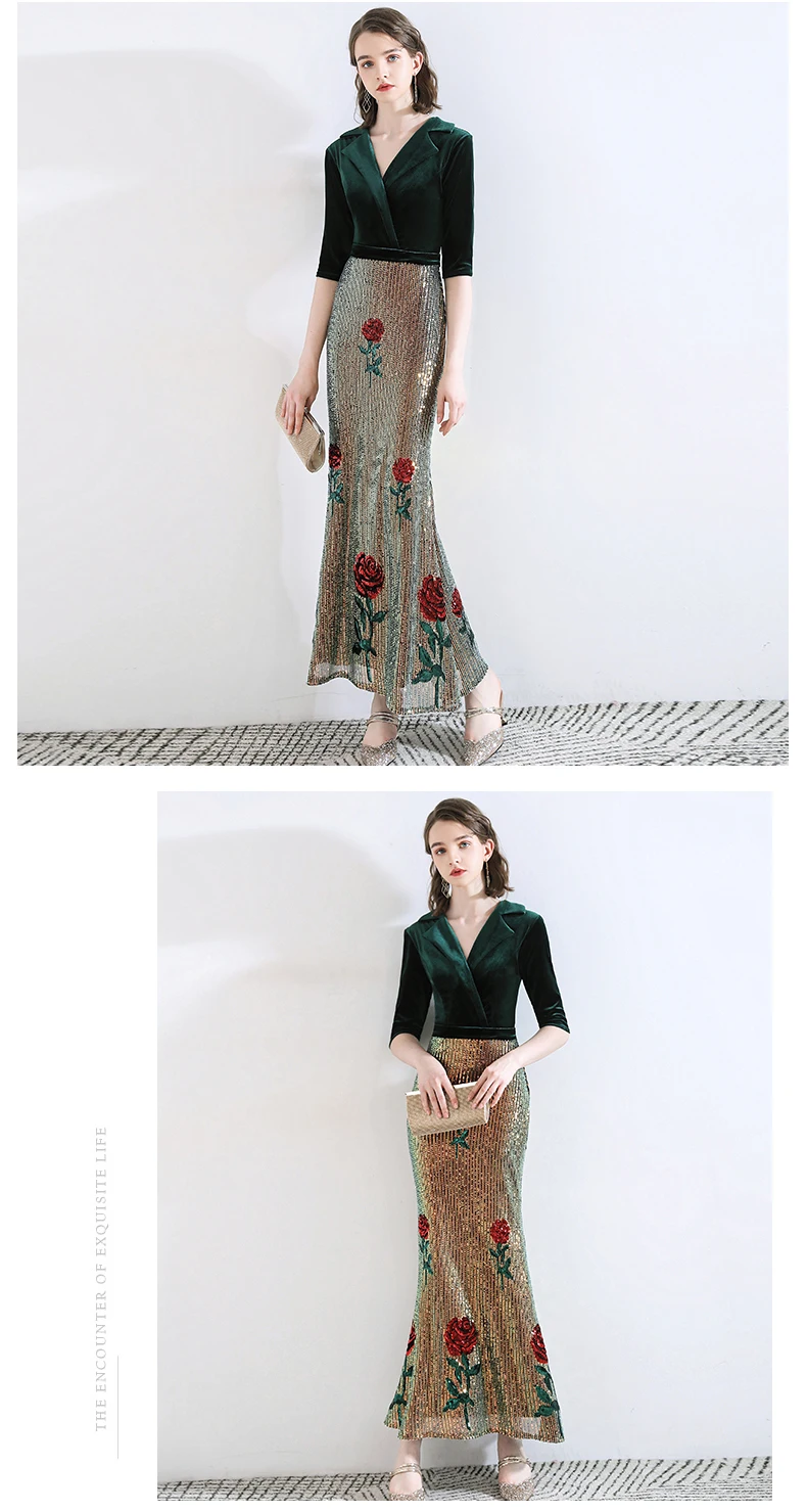 Wei yin AE0311 Robe De Soiree сексуальное платье с v-образным вырезом и рукавом средней длины, зеленое длинное вечернее платье с блестками, элегантные вечерние платья