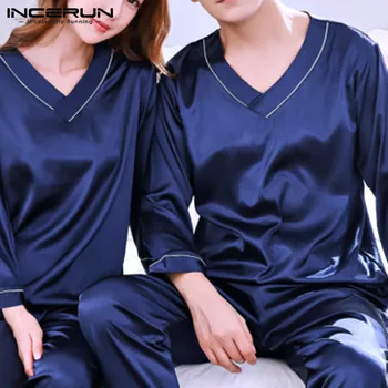 

INCERUN Men Nightwear Long Pants Sleep Pajamas Set Long Sleeve Sleepwear Soft Cozy Satin Nightgown V Neck Pajamas Suit Man Women