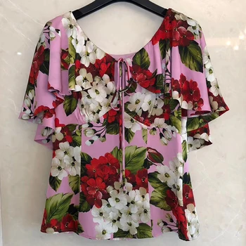 

2020 Fashion Women Flower Print Silk Blouses 100% Real Silk Double- Layer Neck Blouse Shirt