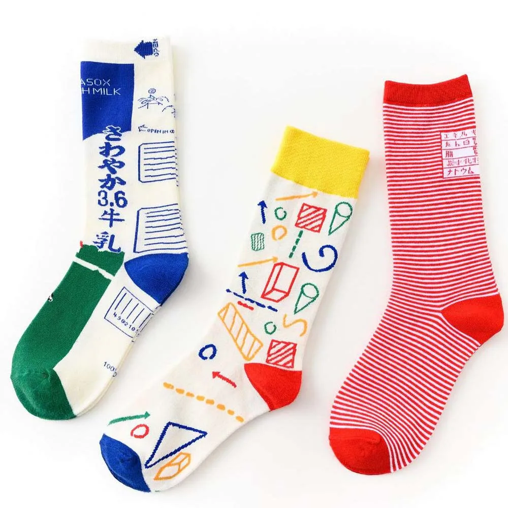 Women Socks Cotton Funny Cute Cartoon Function formula blackboard Milk carton Square Graphics Japanese Harajuku skateboard Soc