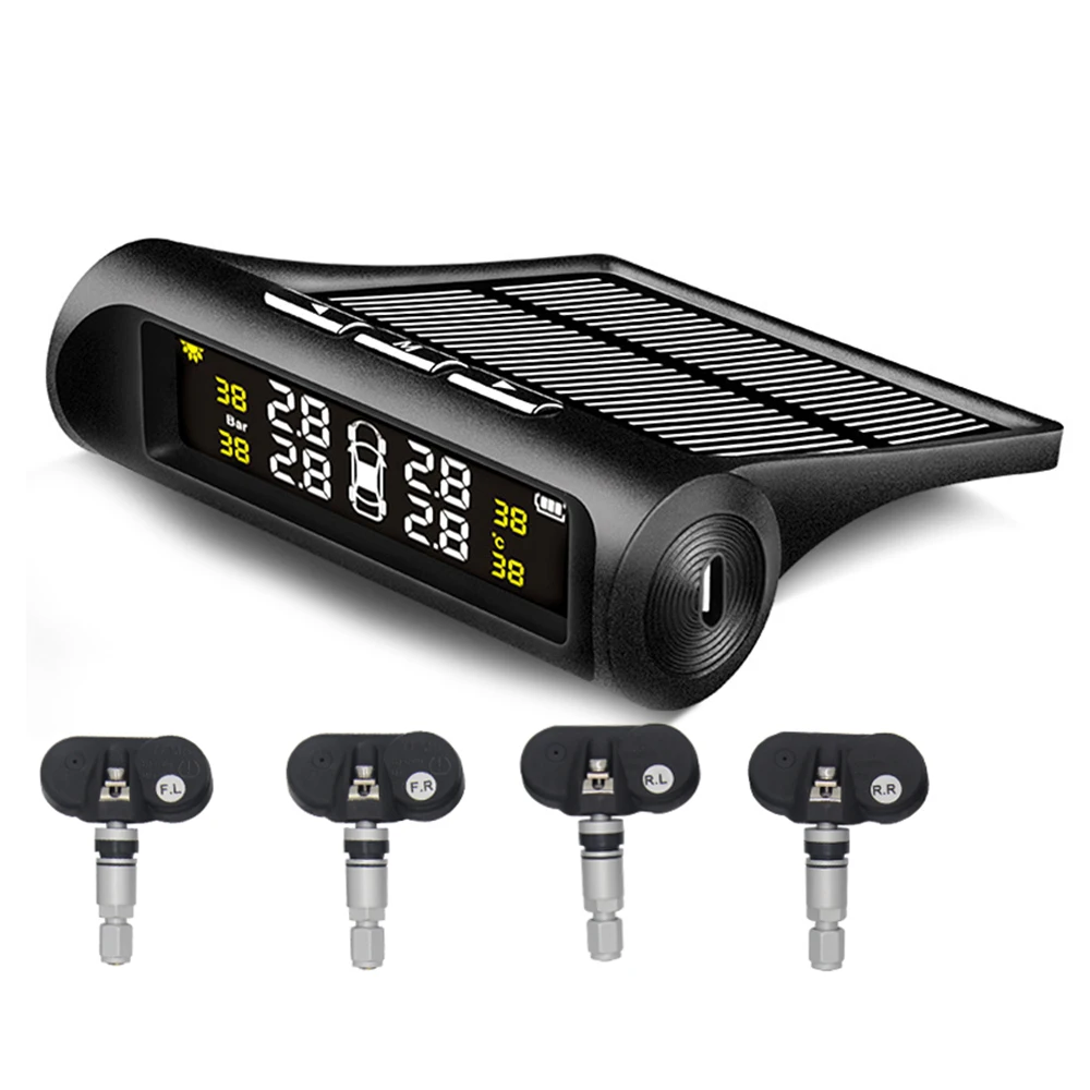 Автомобильная система контроля давления в шинах TPMS, солнечная зарядка, HD цифровой ЖК-дисплей, система автоматической сигнализации, беспроводная с 4 датчиками