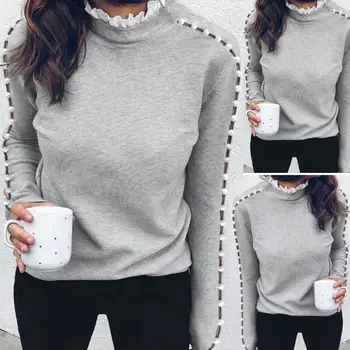 

Women Long Sleeve Lace Hollow Turtleneck Pearl Top Ladies Autumn Warm Solid lace Patchwork Sweaters Female Top Clothing