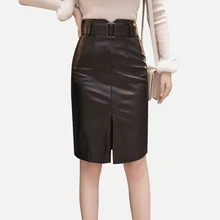 Женская юбка из искусственной кожи с высокой талией и разрезом, женские черные юбки с ремнем, Осень-зима, элегантные женские миди юбки