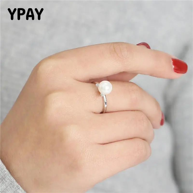 

YPAY Korean Style Freshwater Pearl Rings for Women Girls 100% Real 925 Sterling Silver Wedding Engagement Open Ring Gift YMR681