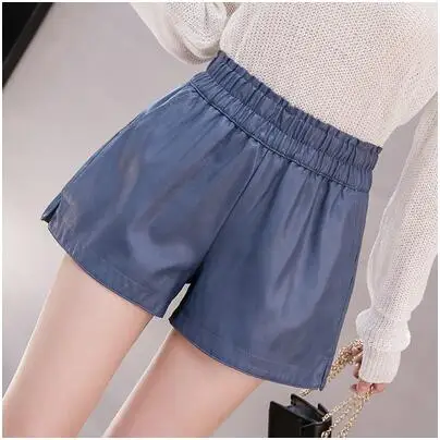 blue new hot shorts, Korean high waist PU shorts.Autumn winter faux leather shorts,sexy short pants,Fashion women's shorts - Цвет: blue
