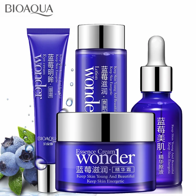 BIOAQUA – kit de soins pour le visage, crème hydratante à la myrtille, Essence liquide, Toner, pour les yeux, blanchissant, hydratant, 4 pièces/lot