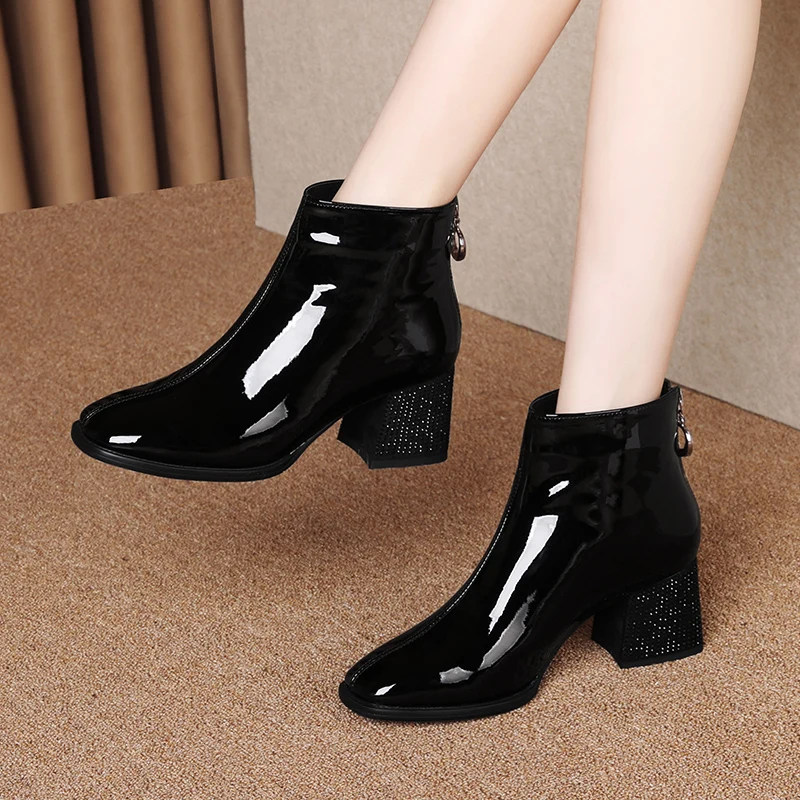 Women's genuine leather ankle Boots crystal High Heels dress party Shoes Woman spring autumn Female Boots Large size 34-43