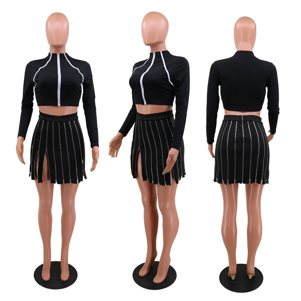 Sexy Women Skirt Multi Zipper Patchwork Mini Skirt A Line High Waist High Slit Dress Autumn Streetwear Party Solid Mini Skirt crop top and skirt