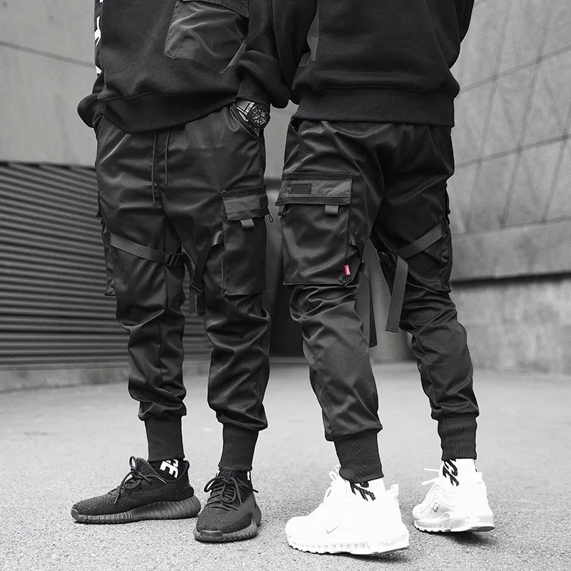 

Men Ribbons Color Block Black Pocket Cargo Pants Harem Joggers Harajuku Sweatpant Hip Hop Trousers