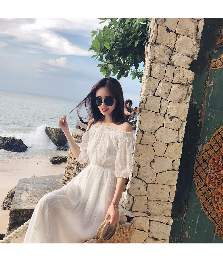 Белоснежная Праздничная пляжная юбка платье с открытыми плечами Xian Qi Длинная летняя юбка с открытыми плечами
