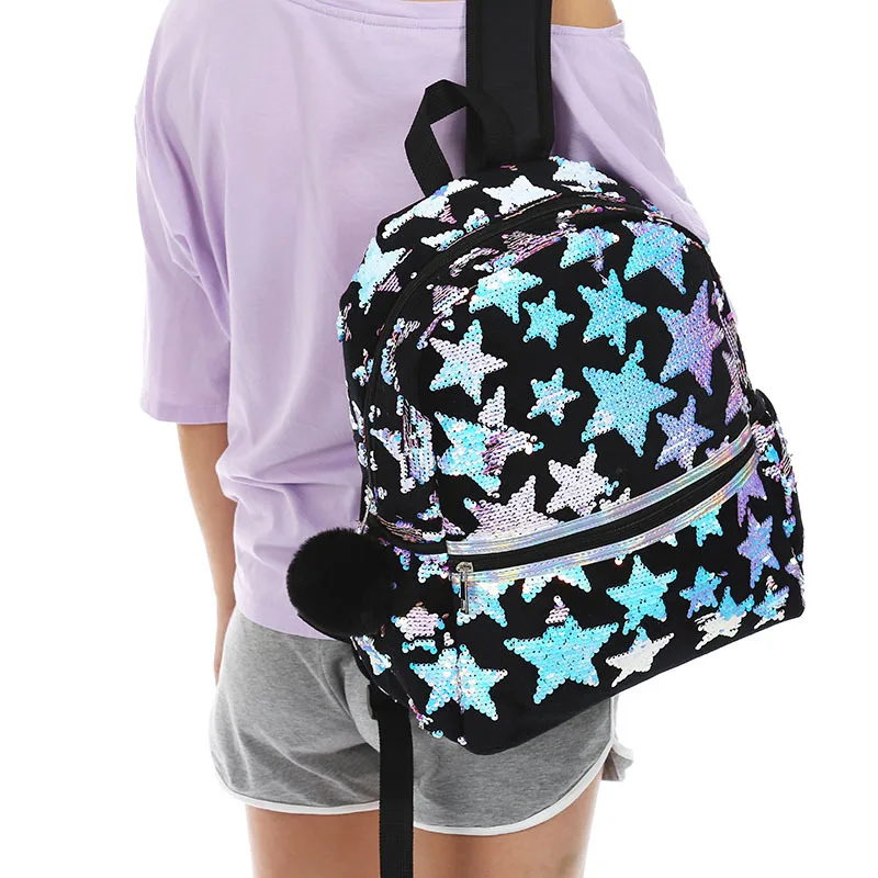 

2019 New Style Cartoon Backpack Black And White with Pattern Laser Sequin Star School Bag Student Casual GIRL'S Shoulder Bag