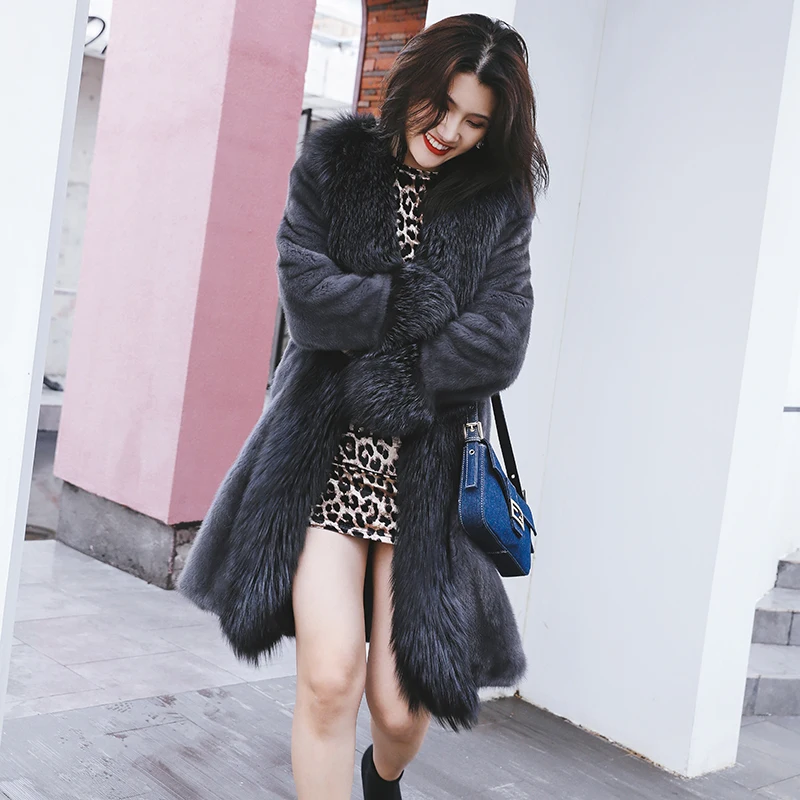new mink coat Girls long section of the entire large fox fur collar coat 1008