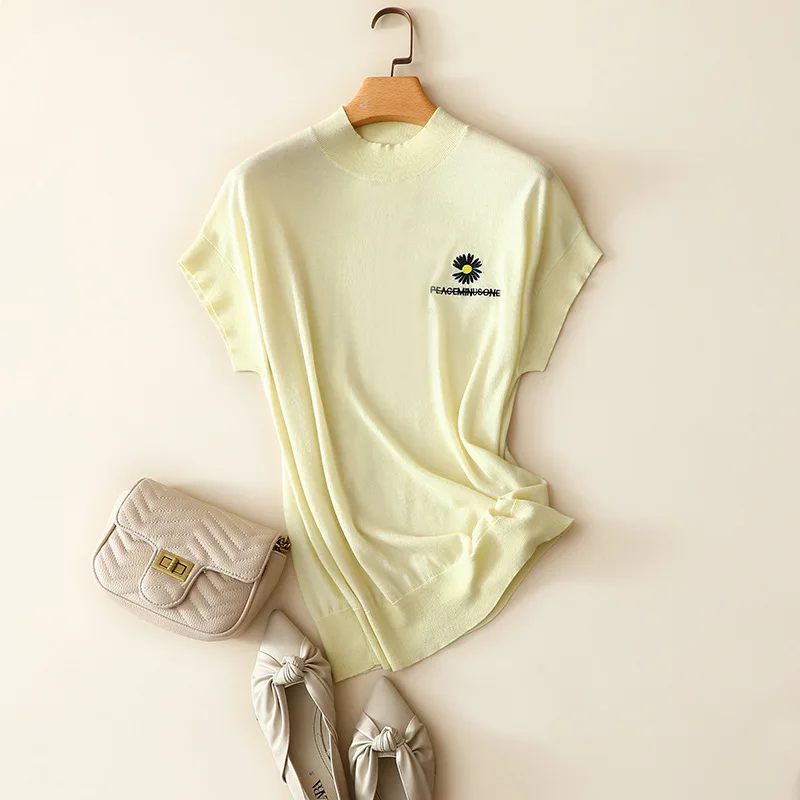 

autumn new style 100% cashmere turtleneck sweater women softness short sleeve embroidery pullovers