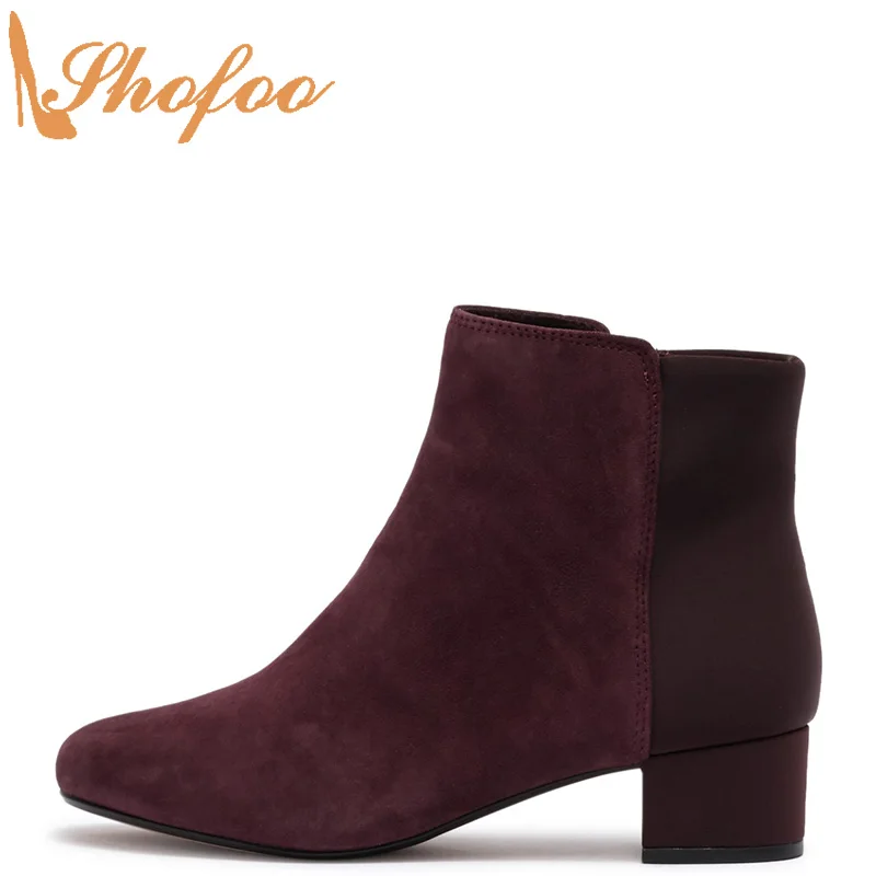 

Burgundy Ankle Boots Med Chunky Heels Woman Square Toe Booties Zipper Ladies Fashion Sexy Mature Shoes Large Size 13 15 Shofoo