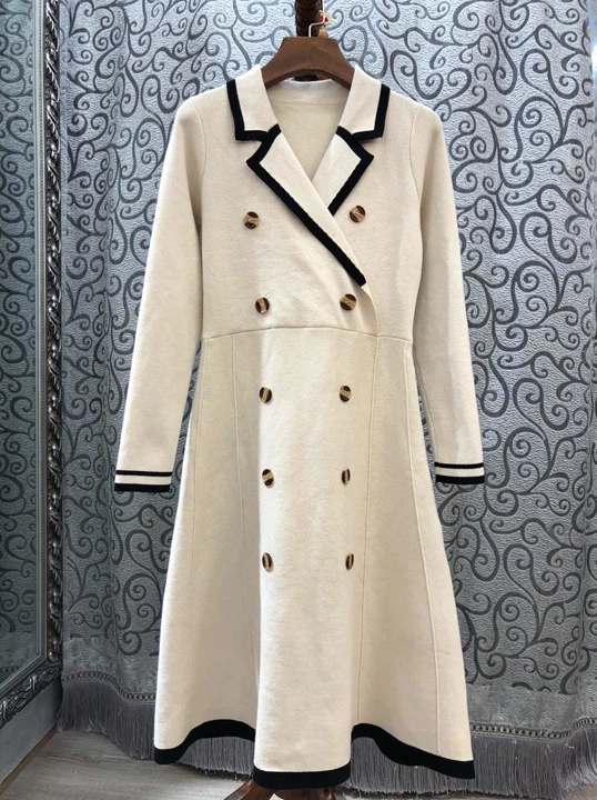 

2019 Early Autumn New Female Turn-collar Double-breasted Decorative Long-sleeved A-shaped Swing Windswear Dress 829