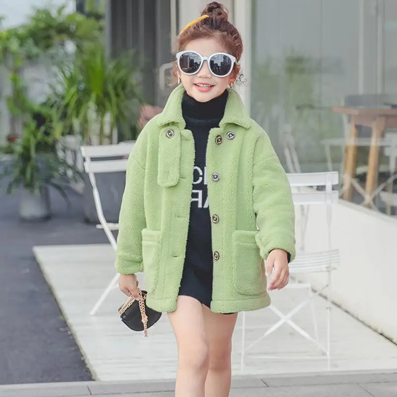 Новинка года, зимнее Детское пальто с искусственным мехом для девочек детская утепленная куртка с отложным воротником для девочек повседневные длинные пальто для подростков, K42