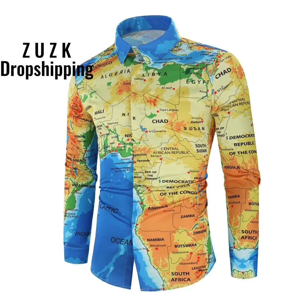 

New Map Digital Printing Men's Fashion Casual Long-sleeved Camisa Masculina Shirt