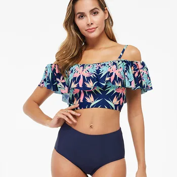 

Women Sexy Bikini Set Beach Swimsuit for Female Plus Size Off Shoulder High Waist Swimwear 2pcs Ruffle Printing Bathing Suit