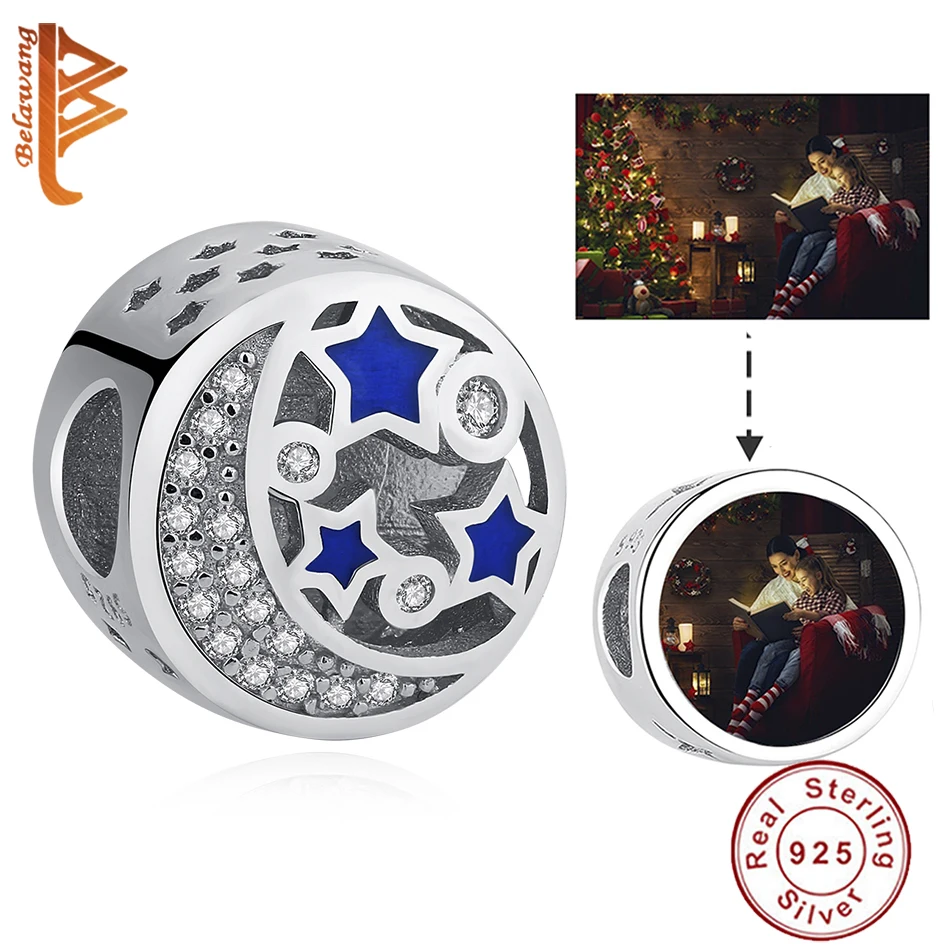 

Romantic Moon&Star Crystal Blue Enamel Beads 925 Sterling Silver Custom Photo Charms for Women DIY Jewelry Accessory Party Gift
