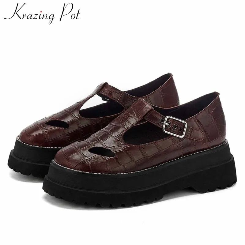 

Krazing pot Mary janes thick bottom print genuine leather shoes buckle straps high heels round toe women breathable pumps L10