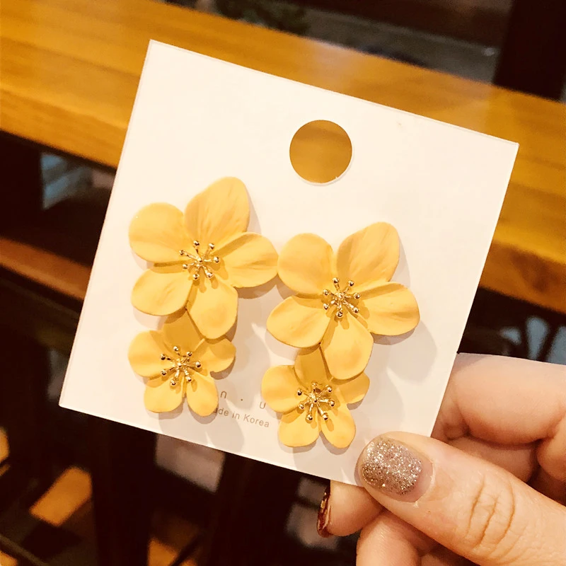 Women Cream Lacquered Layering Petals Daisy Big Flower Drop Earrings