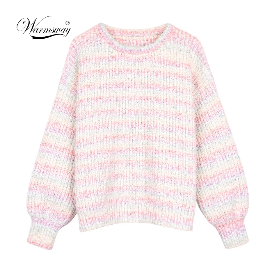 

2019 Winter Candy Color Round Neck Oversized Sweater rainbow Macaron striped Chenille Knitted Loose Jersey C-370
